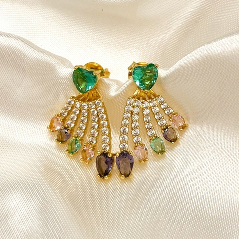 Brinco cravejado em zircônia coloridas Banhado a Ouro 18k