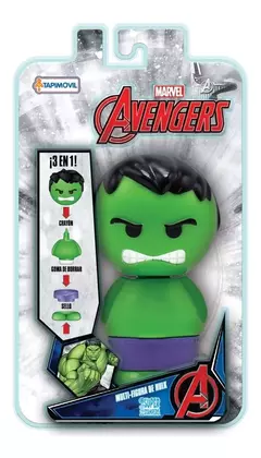 Multifigura de Hulk de los Avengers, incluye crayón, goma de borrar y sello, presentada en un empaque colorido.