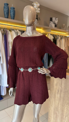 Conjunto short e bata boho tricot marsala