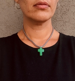 Choker cadena acero quirúrgico Cruz piedra verde