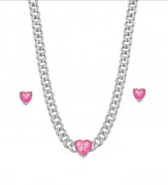 Conjunto Corrente Cravejada Zircônia Cristal e Coração Fusion Pink .