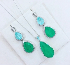 Conjunto Colar Gota e Brinco Gota Zircônia Esmeralda