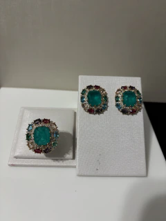 Conjunto Brinco e Anel 19 Fusion Esmeralda Colombiana Colorida na internet