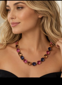 Imagem do Colar Riviera Oval Tanzanita, Rosa e Peesego . Folheado Ouro