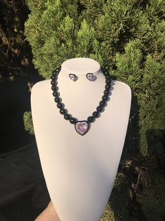 CONJUNTO CORACAO ROSA E PEDRAS EM NEGRO COM BRINCO CORACAO na internet