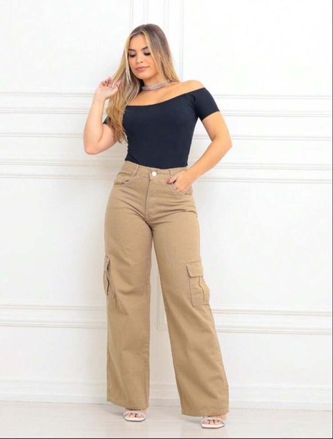 Calça Jeans Wide Leg Cargo Nude