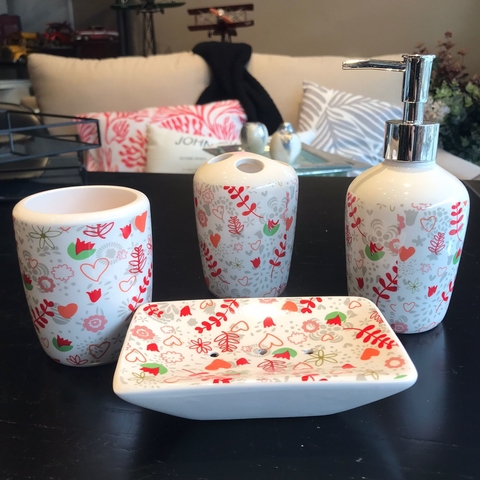 Set de baño 4 piezas cerámica flores - comprar online