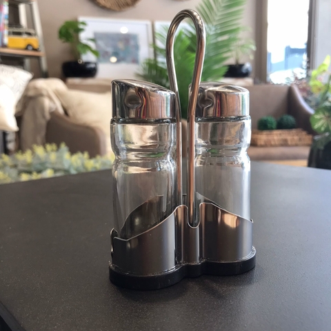 SET SALERO PIMENTERO CON SOPORTE ACERO 13CM - comprar online