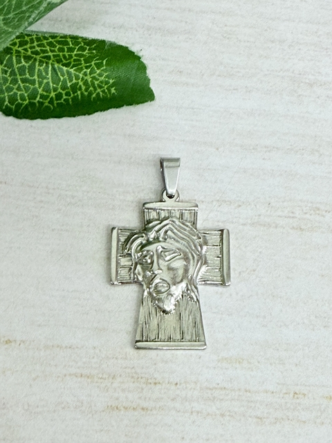 Dijes de acero cruz con rostro de jesus - comprar online