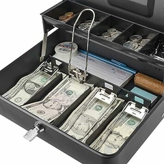 Caixa de Dinheiro Grande 32cm com Chave – 5 Divisórias, Trava Segura e Bandeja