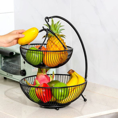 Fruteira de Mesa Preta Dupla em Ferro Forjado – 2 Cestas Removíveis com Gancho Decorativo - loja online