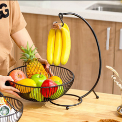 Imagem do Fruteira de Mesa Preta Dupla em Ferro Forjado – 2 Cestas Removíveis com Gancho Decorativo