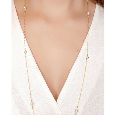 Colar Longo Zircônia e Pérola