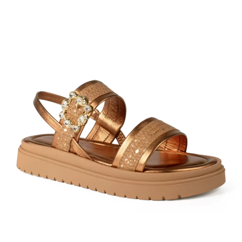 Sandalia Rasteira Dakota Y9671 Bronze Flat com Sola Tratorada Caramelo e Fivela com Brilho