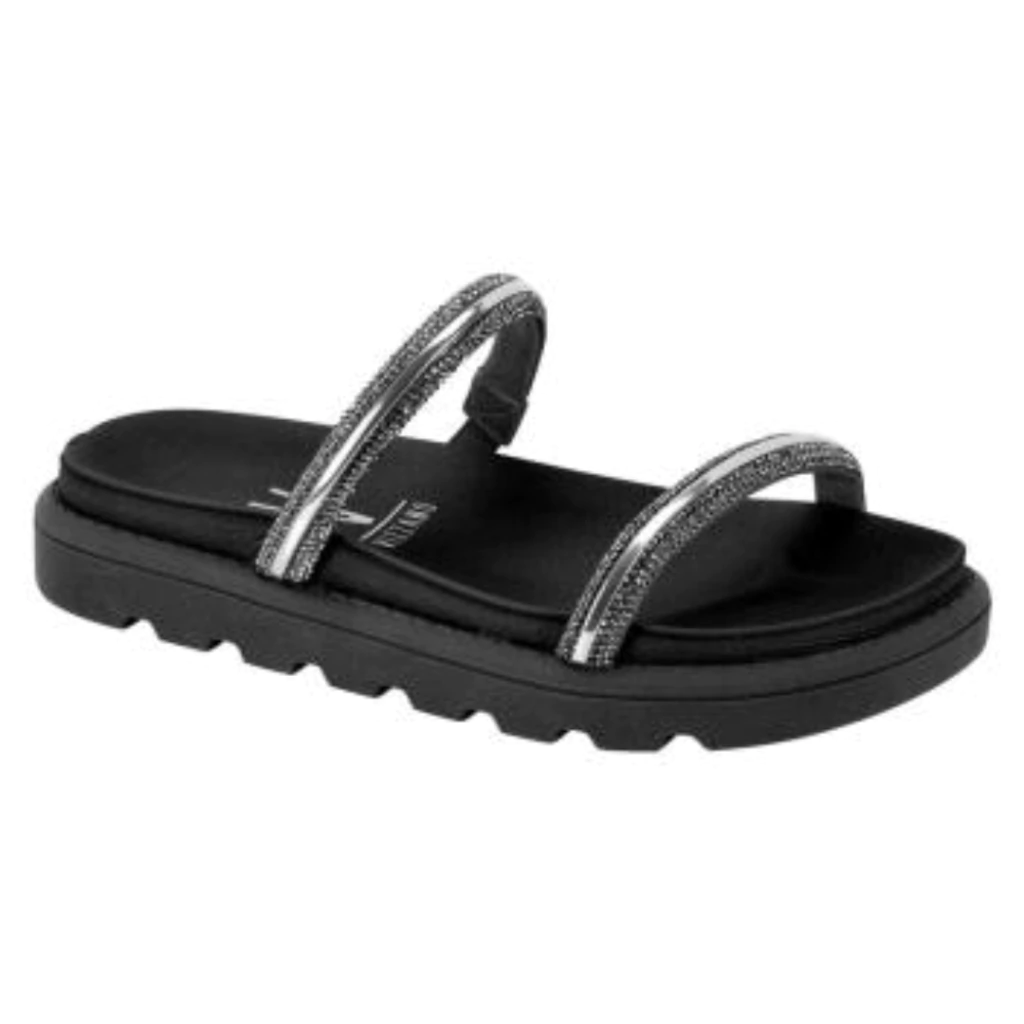 Flat Vizzano 6459135 Preto com Tira com Filete Prata e Brilho
