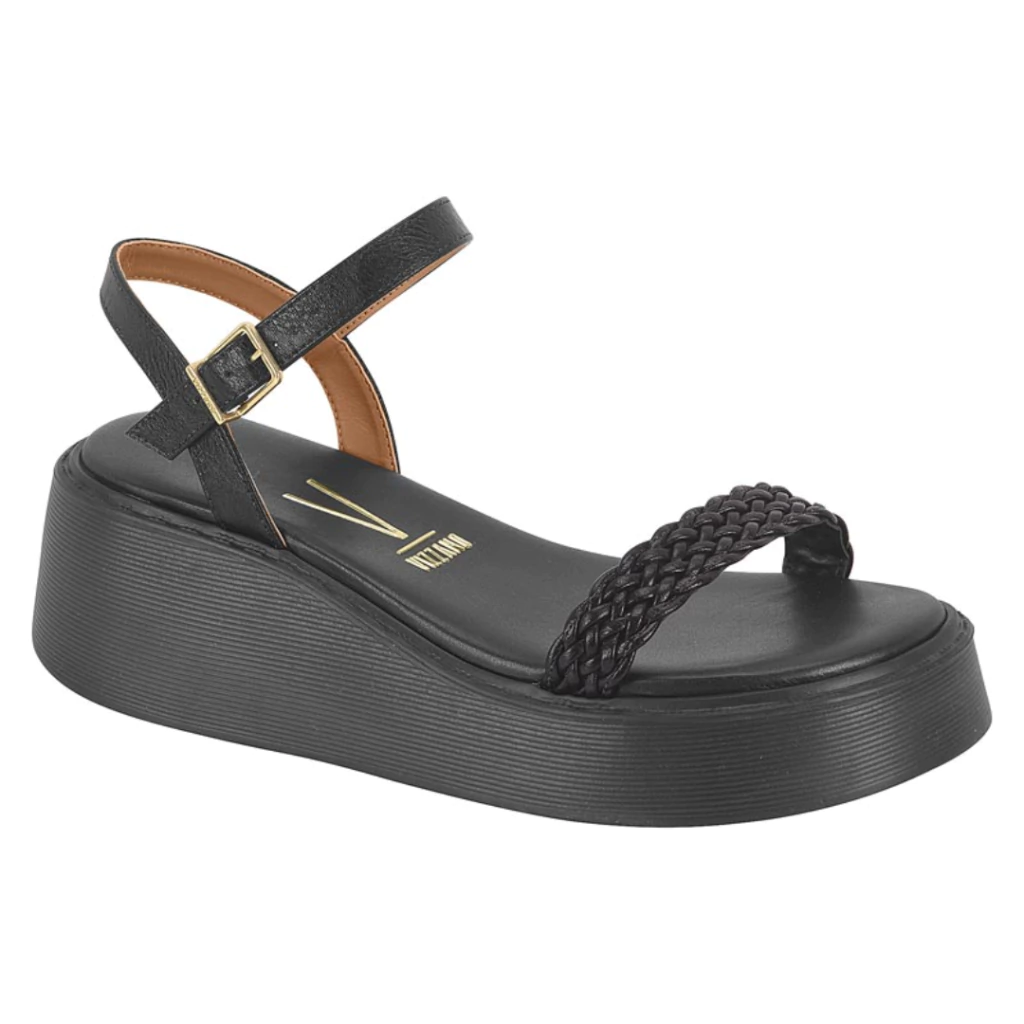 Sandalia Vizzano 6525109 Preto Faixa Trançada Plataforma Elevada