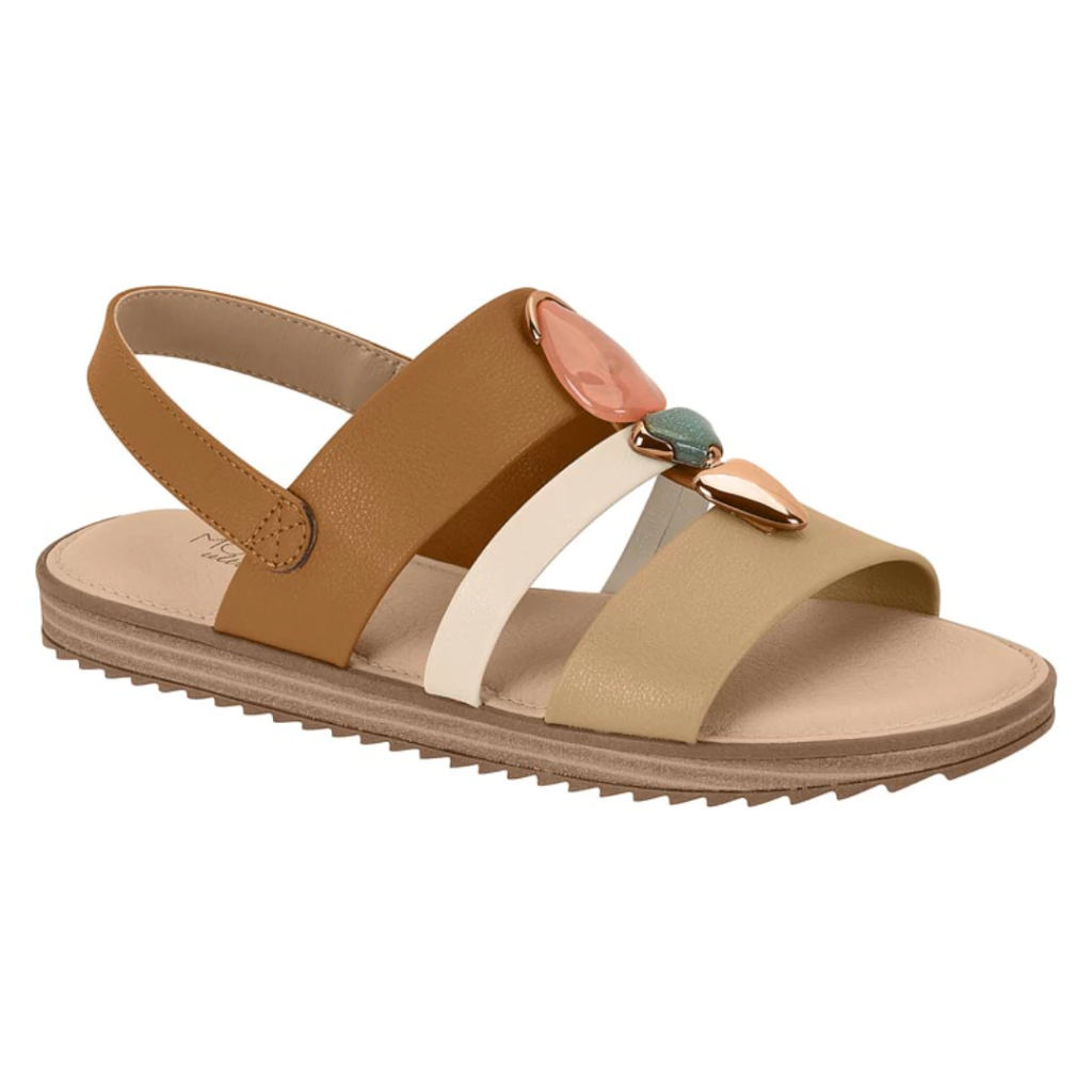 Sandalia Rasteira Modare 7141144 CarameloFaixas Offwhite e Bege com Pedras