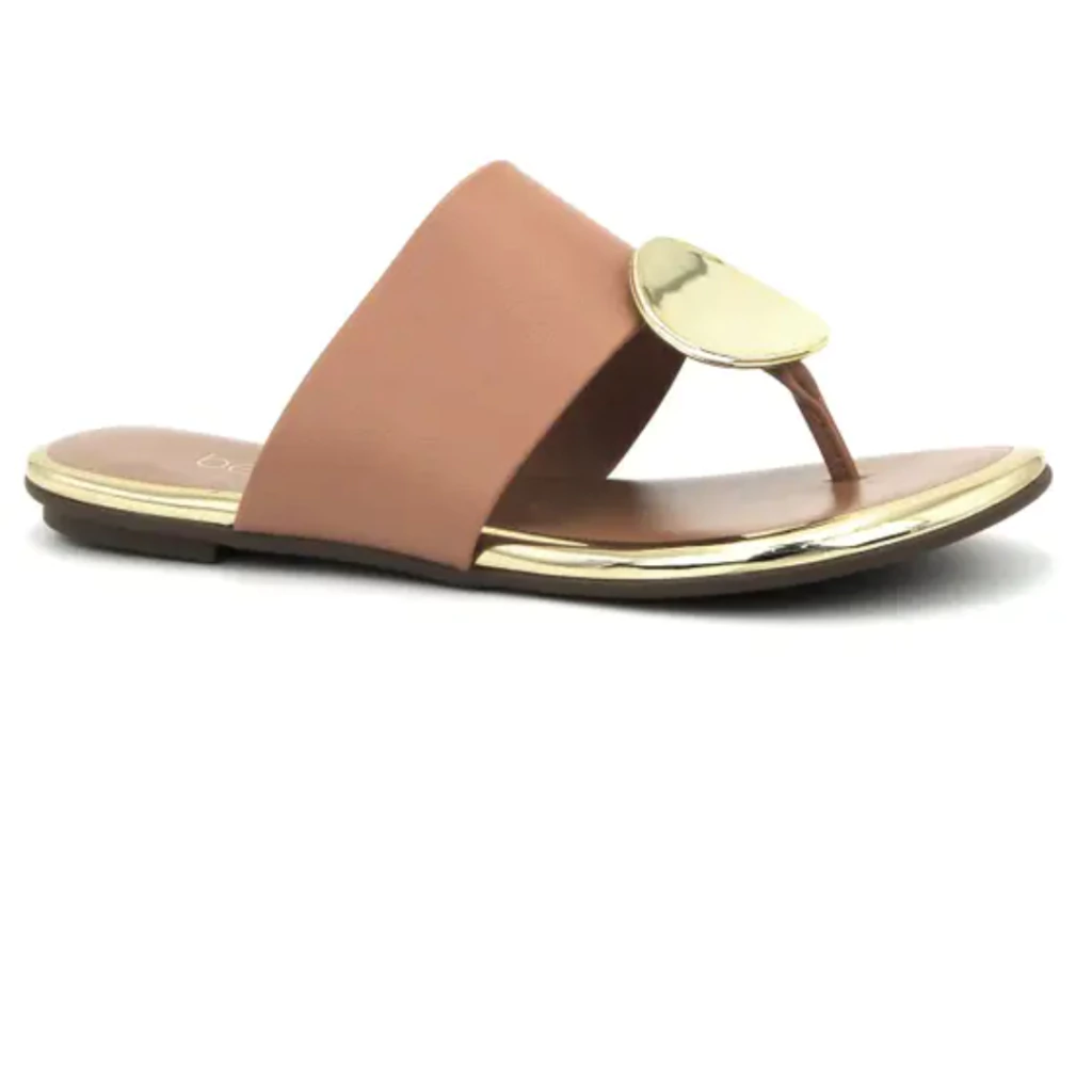Rasteira Beira Rio 8367657 Bege de Dedo Metal Dourado Grande com Filete Dourado