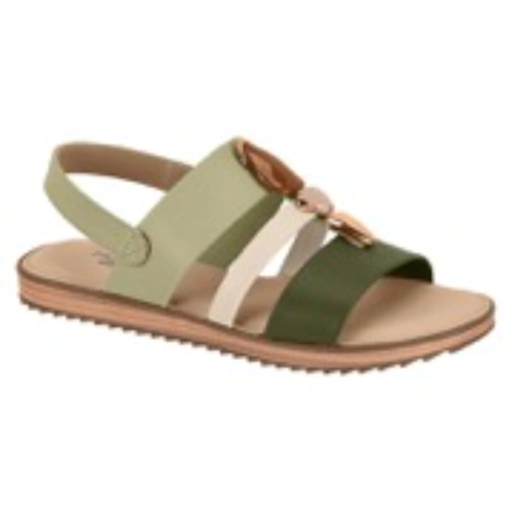 Sandalia Rasteira Modare 7141144 Verde Faixas Offwhite e Verde Escuro com Pedras