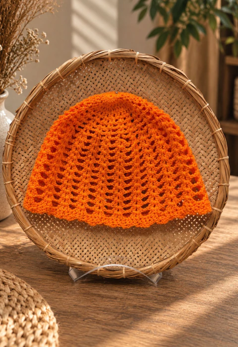 Head piece laranja em crochê artesanal exibido sobre suporte redondo de palha