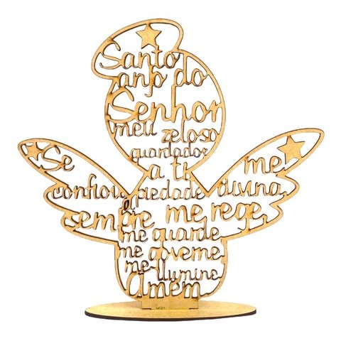 Oração Santo Anjo do Senhor com suporte Mdf 21 cm vazado lembrancinha batizado presente