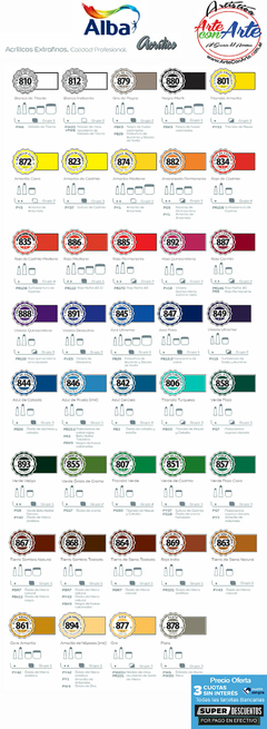 ACRILICOS PROFESIONAL ALBA 18 ml G 1 - VER CARTA COLORES - PRECIO OFERTA 3 CUOTAS SIN INTERES - DESCUENTOS PAGO EFECTIVO - 3 CUOTAS SIN INTERES - DESCUENTOS POR PAGO EFECTIVO, DEBITO Y CREDITO EN UN PAGO - comprar online