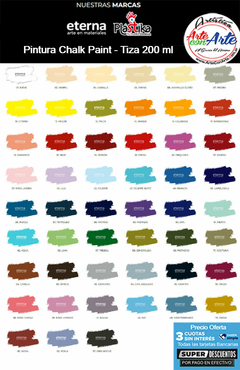 COMBO 12 PINTURA A LA TIZA - CHALK PAINT ETERNA 200ml G1 colores comunes a elección - PRECIO COMBO - 3 CUOTAS SIN INTERES - DESCUENTOS PAGO EFECTIVO, DEBITO Y CREDITO EN UN PAGO en internet