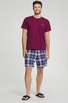 PIJAMA CURTO MASCULINO VINHO E XADREZ MALHA MS131567 - Dorminhokas.com