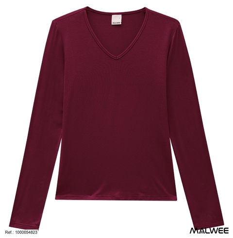 Blusa Feminina Malwee Básica Gola V 1000054823 Bordô/Cinza/Preto