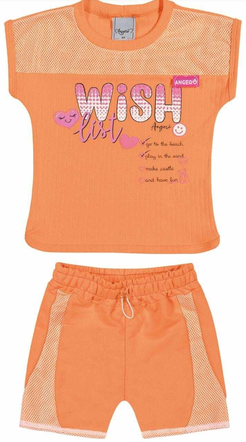 Conjunto Infantil Menina Angerô Moletinho PA Ribana Conforty 27458 Laranja Neon/Rosa Neon/Ciano