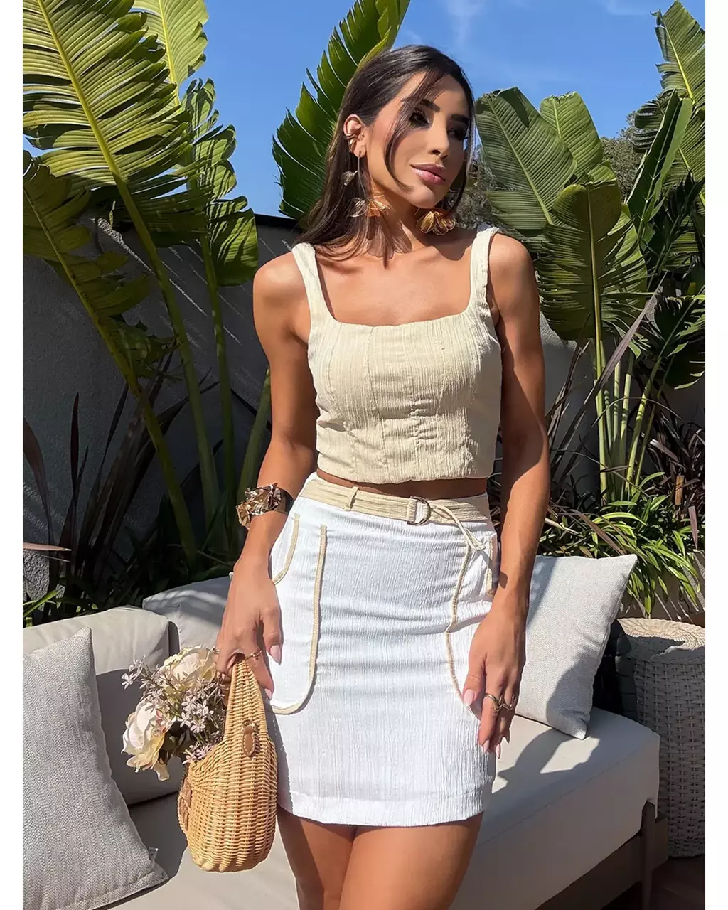 CONJUNTO SUNNY DAY - Conjunto Cropped Texturizado e Saia com Faixa