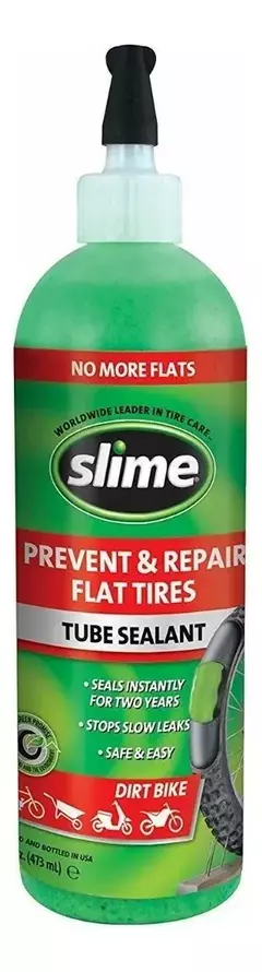 Botella de sellador de tubos Slime de 16 oz, diseñada para prevenir y reparar pinchaduras en neumáticos.