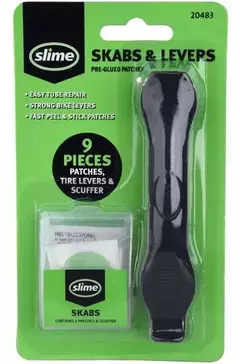 Kit de reparación de neumáticos Slime, incluye parches autoadhesivos y palancas para bicicletas.