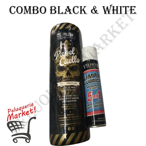Combo de Barbería Black and White /Rollo de Cuello Filler x 5 + 1 Yilho aerosol 5 en 1.