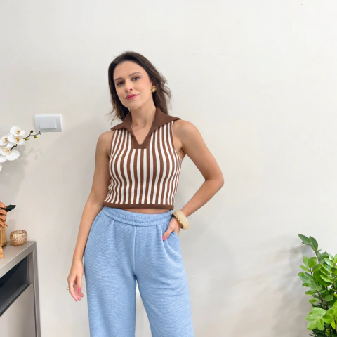 Blusa Modal Listrada Gola Polo Marrom