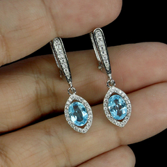 Brincos De Prata 925 Topázio Azul Swiss Oval Natural 7x5mm na internet