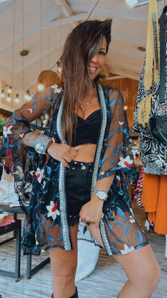 Kimono negro - flores azules