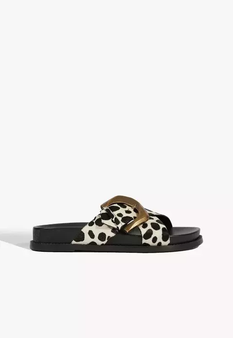 SCHUTZ Sandália Papete Couro Fivela Preta Animal Print Branca