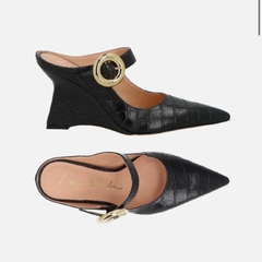 LUIZA BARCELOS SCARPIN MULE ANABELA EM COURO CROCO PRETO - Morena Shoes