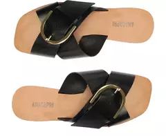 ANACAPRI Rasteira Tiras Cruzadas Fivela Couro Elise Preta - Morena Shoes
