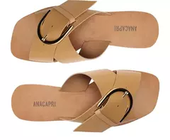 ANACAPRI Rasteira Tiras Cruzadas Fivela Couro Elise Bege - Morena Shoes