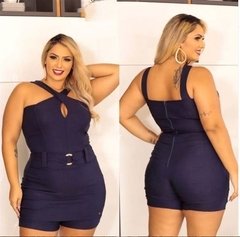 Macaquinho Short Saia Plus Size Azul Marinho