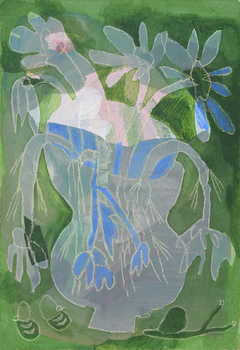 Patricia Tewel, Flores aros y caracoles, 2024, acrílico lápiz acuarela 23x18cm (-10% ef, trans ó débito "pago a convenir")