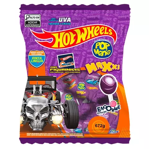 Pirulito Pop Mania Maxxi Hotwheels uva 672g c/24 unidades