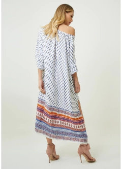 VESTIDO MIDI ESTAMPADO OFFWHITE C/ AZUL FOLK - Usina da moda