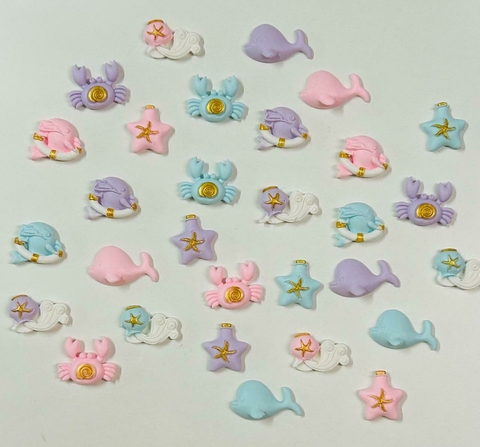 APLIQUES DE MAR MINI, CON DETALLES DORADOS X 10 UNIDADES, PORCELANA FRIA