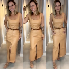 Saia Midi Fenda Couro - Irelde Modas