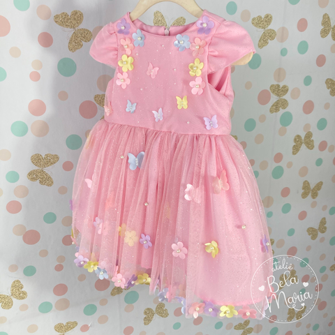 Vestido Jardim Encantado Rosa bebê com flores coloridas