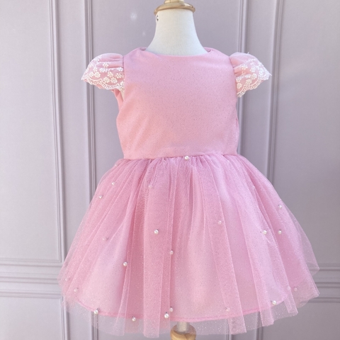 Vestido Sophie rosa com pérolas