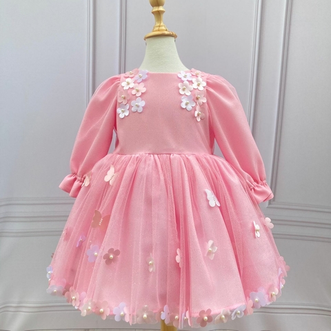 Vestido Jardim Rosa bebê Manga Longa